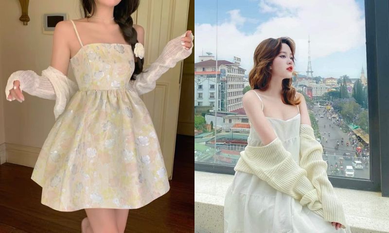 Đầm 2 dây baby doll phối cùng áo khoác mỏng 